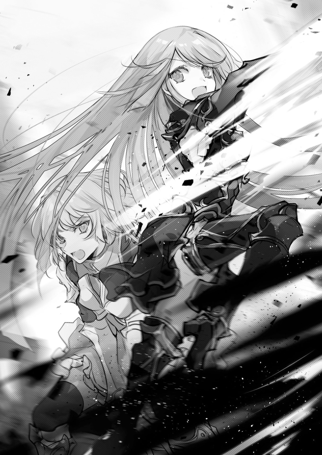 Cierra Artist Shinigami Ni Sodaterareta Shoujo Wa Shikkoku No Ken Wo Mune Ni Idaku Armor Heels Monochrome Thighhighs Torn Clothes 496689 Yande Re