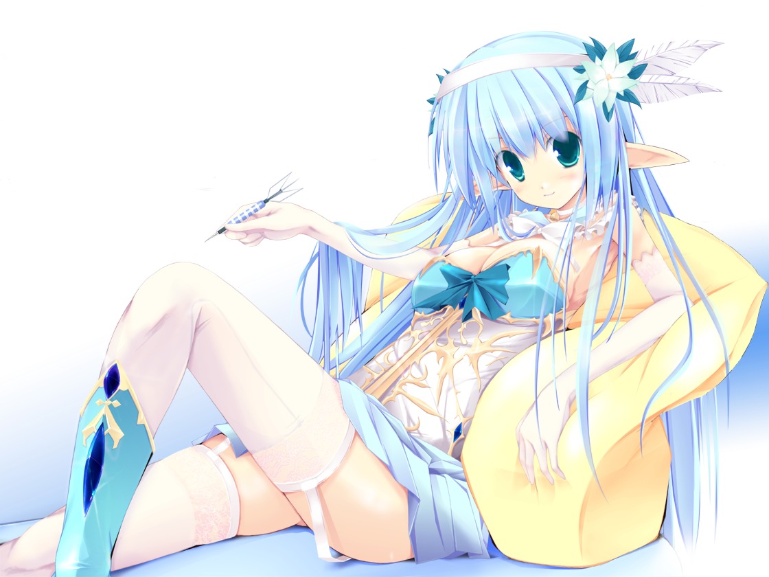 cleavage elf kuon_itsuki pointy_ears stockings thighhighs