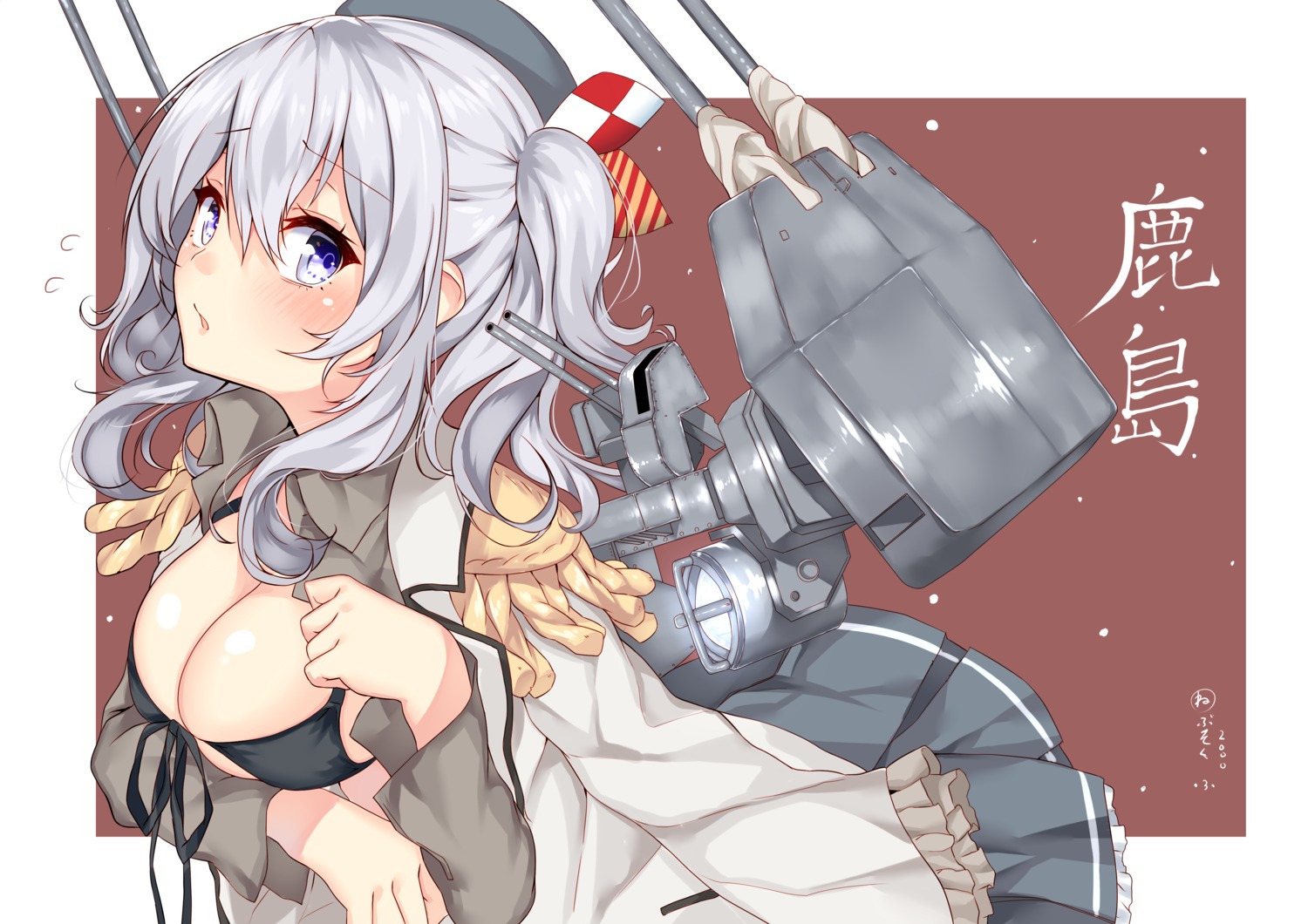 bikini_top breast_hold cleavage kantai_collection kashima_(kancolle) nebusoku open_shirt swimsuits uniform