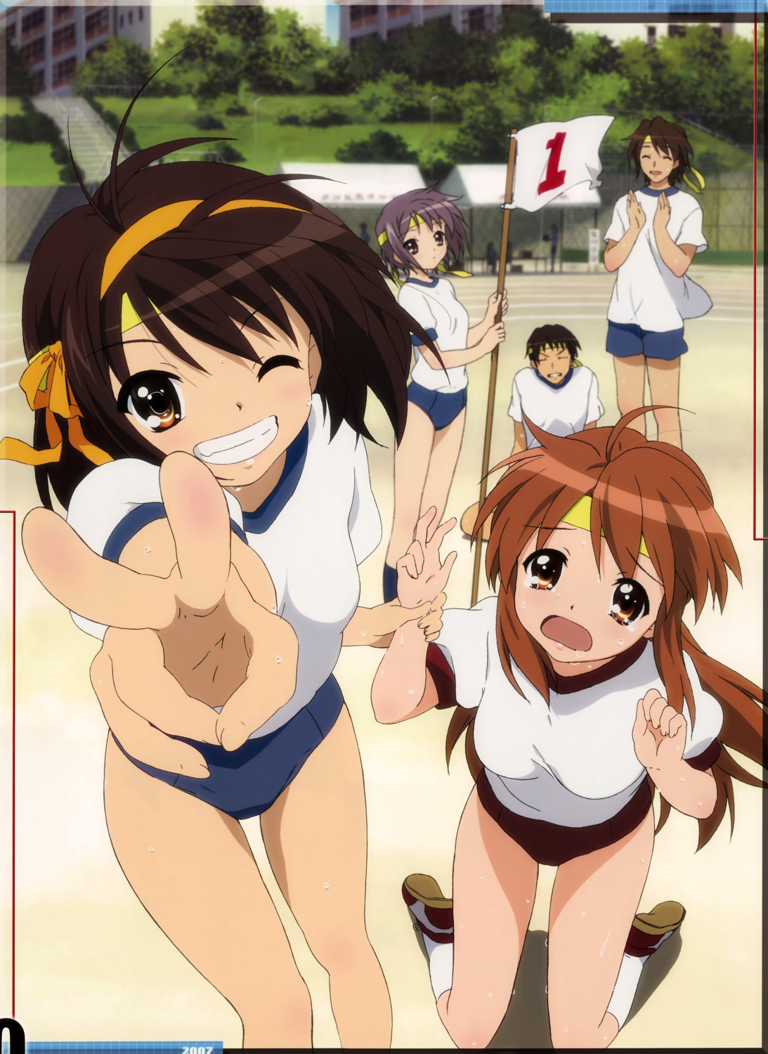 asahina_mikuru buruma gym_uniform kadowaki_satoshi koizumi_itsuki kyon nagato_yuki suzumiya_haruhi suzumiya_haruhi_no_yuuutsu wet