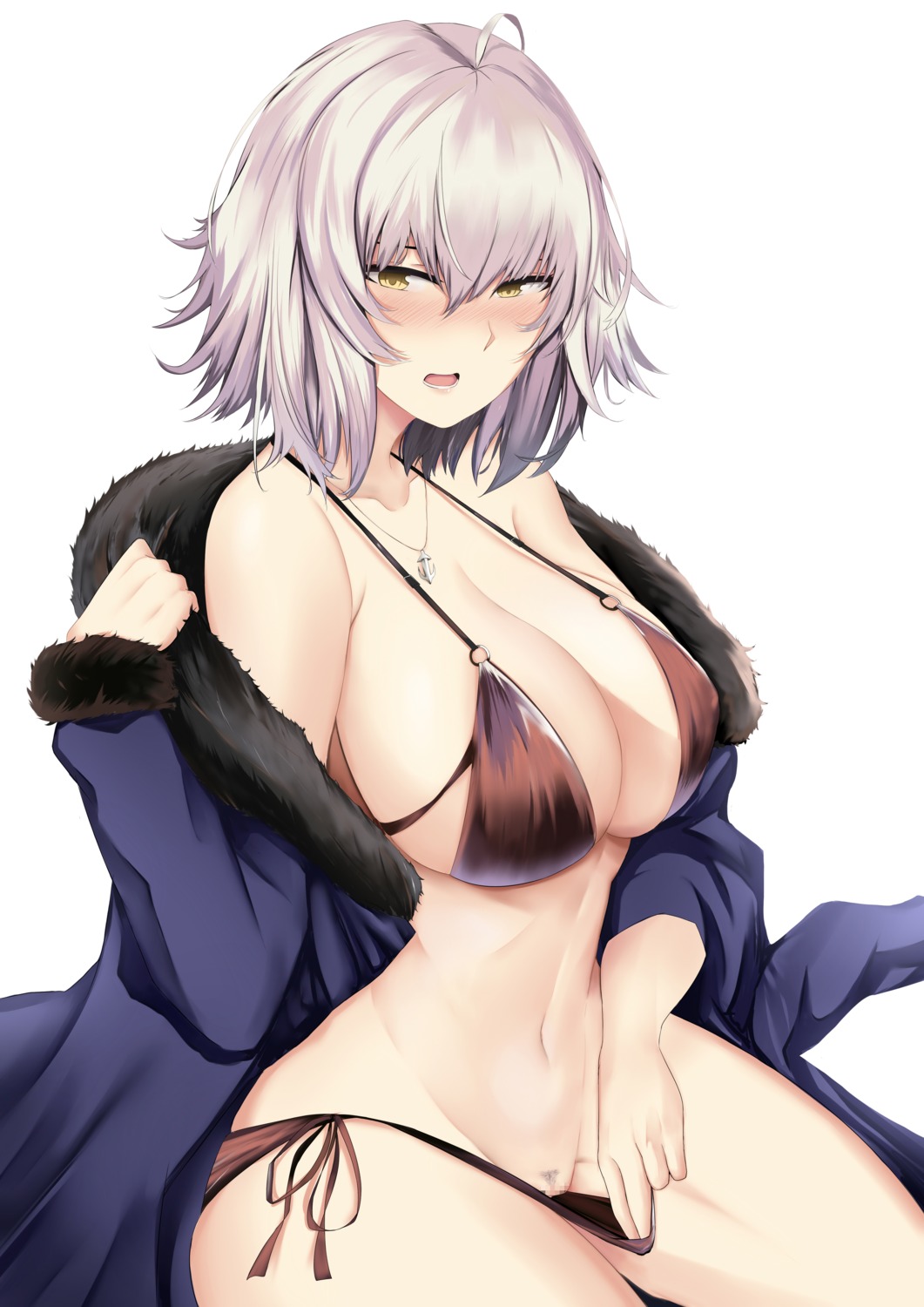 bikini censored cleavage deroo erect_nipples fate/grand_order jeanne_d'arc jeanne_d'arc_(alter)_(fate) open_shirt panty_pull pubic_hair pussy swimsuits undressing