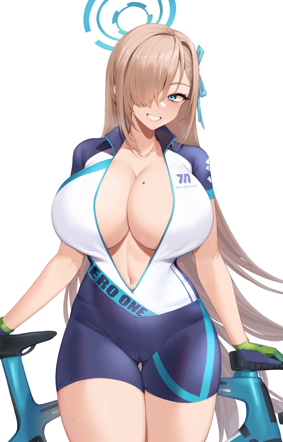 bike_shorts blue_archive cameltoe cosplay halo ichinose_asuna kuavera no_bra open_shirt sunaookami_shiroko