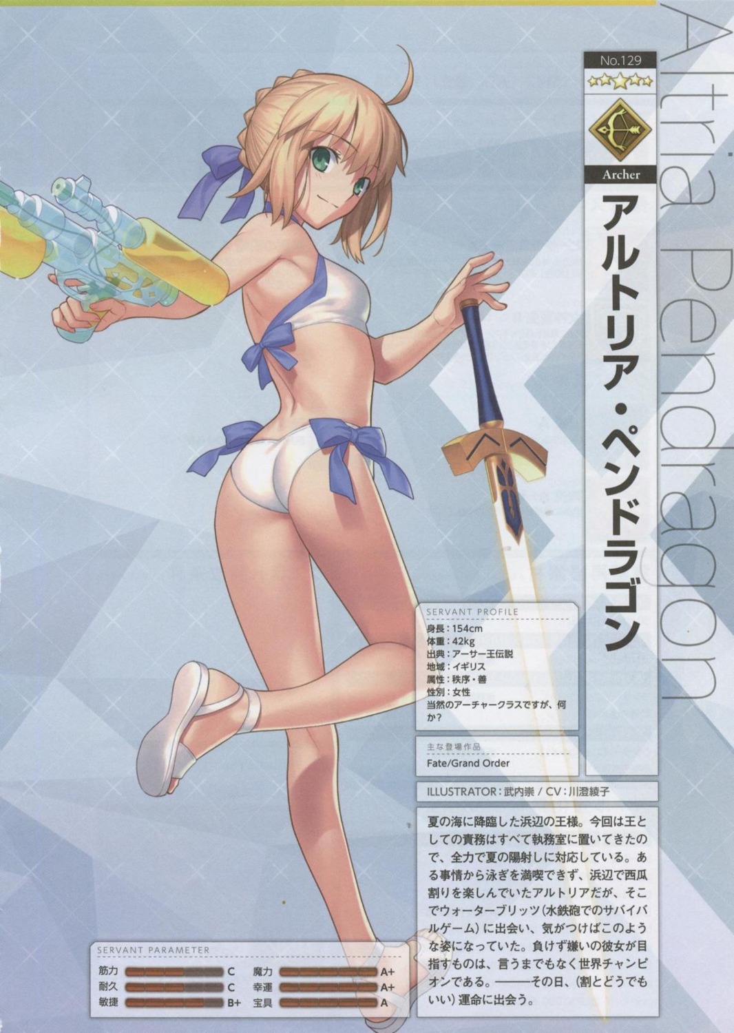 ass bikini binding_discoloration fate/grand_order gun profile_page saber swimsuits sword takeuchi_takashi