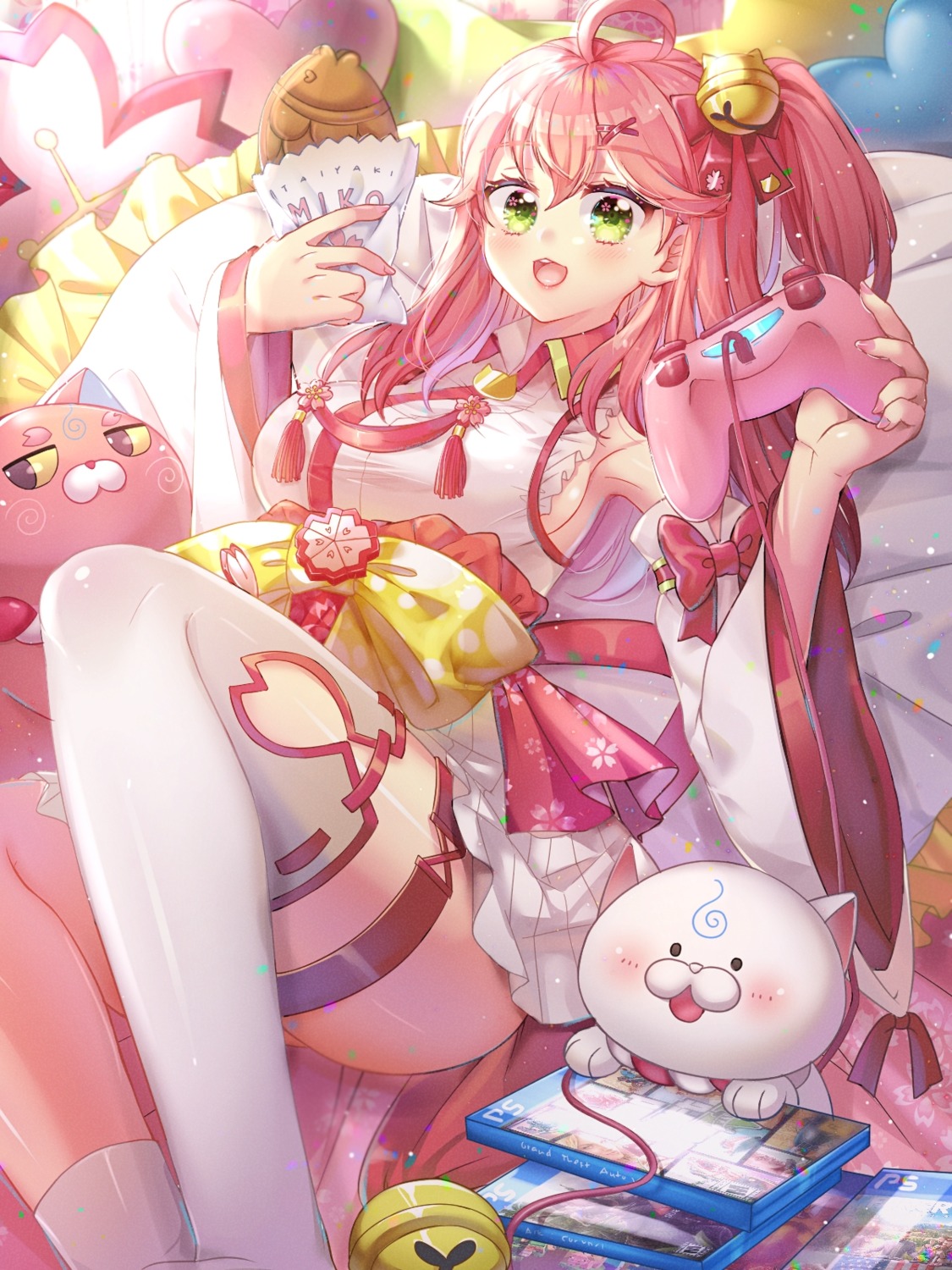 garter hololive japanese_clothes kimgaby neko sakura_miko skirt_lift thighhighs