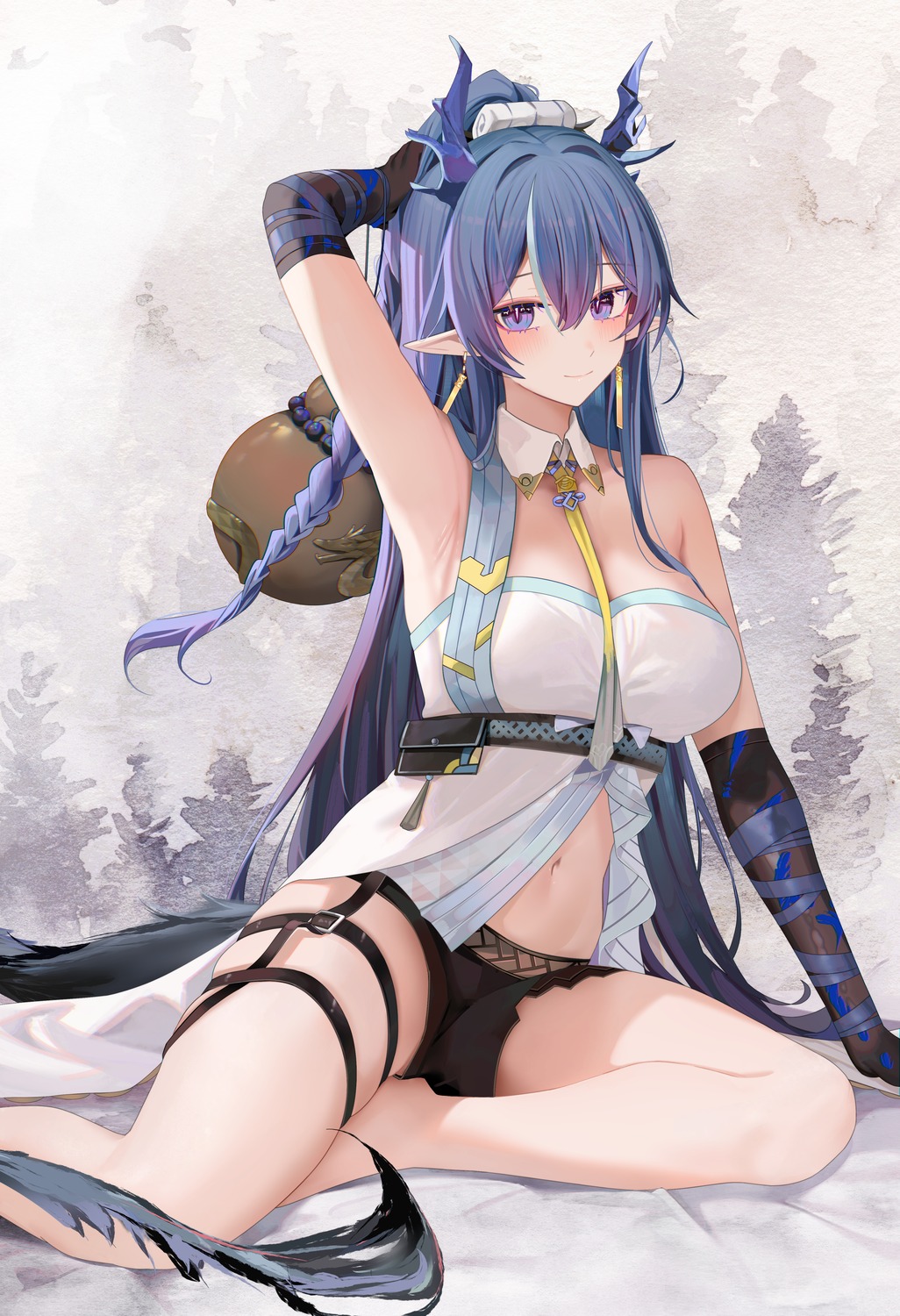 arknights garter horns ling_(arknights) no_bra pointy_ears ru_zhai tail