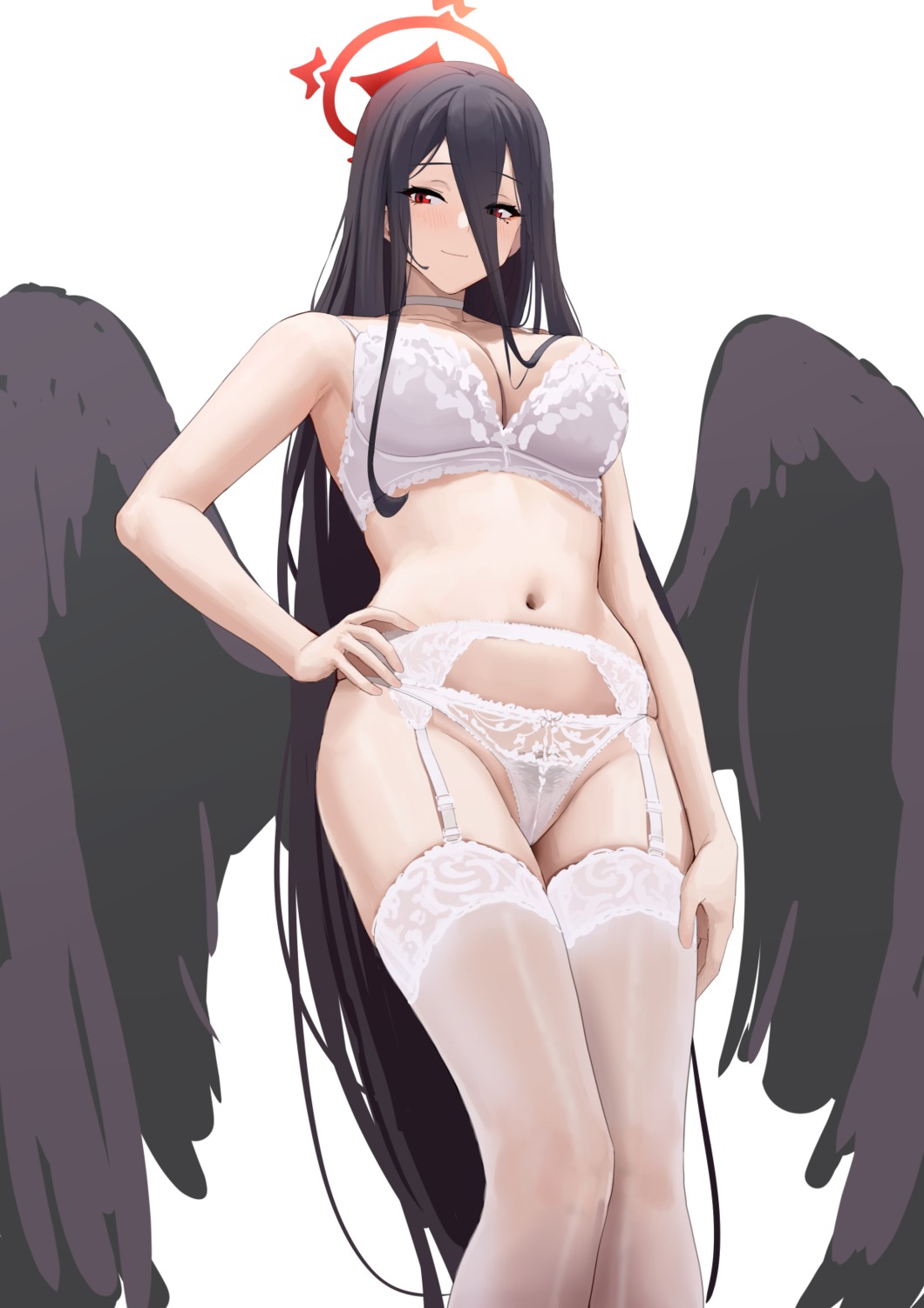 angel blue_archive bra chela77 garter_belt hanekawa_hasumi lingerie pantsu pubic_hair see_through stockings thighhighs wings