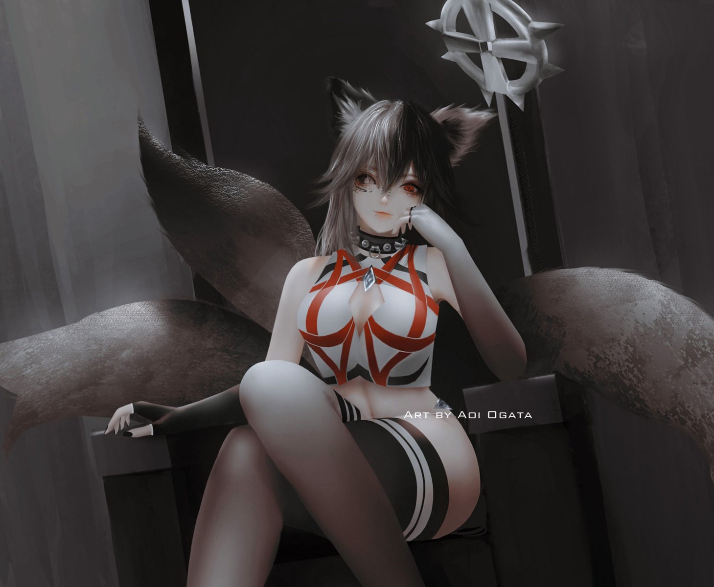 animal_ears aoi_ogata cleavage heterochromia kitsune tail thighhighs