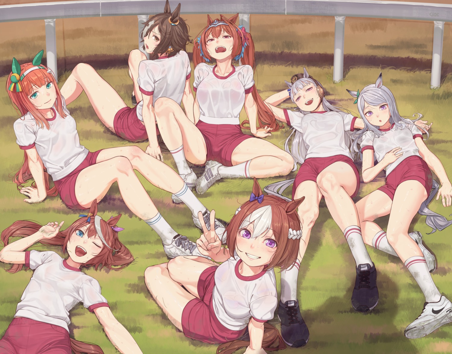 animal_ears bra daiwa_scarlet_(umamusume) gold_ship_(umamusume) gym_uniform mejiro_mcqueen_(umamusume) see_through silence_suzuka_(umamusume) special_week_(umamusume) tail tokai_teio_(umamusume) uma_musume_pretty_derby vodka_(umamusume) wet_clothes yunamul