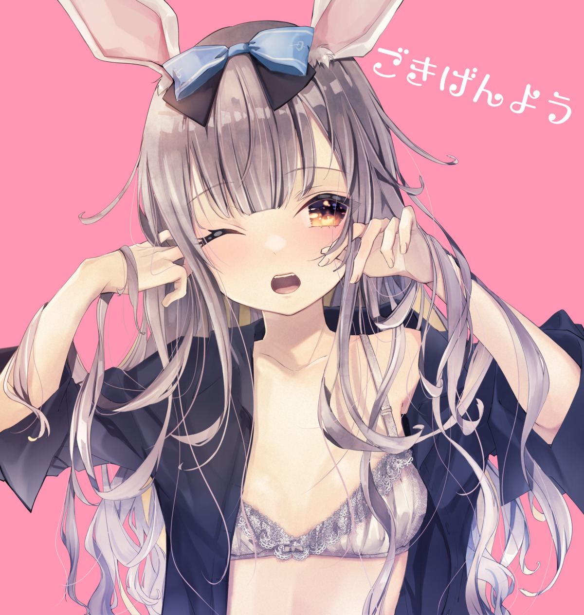 animal_ears bra bunny_ears dress_shirt enomoto_nao himari_channel mochizuki_himari open_shirt