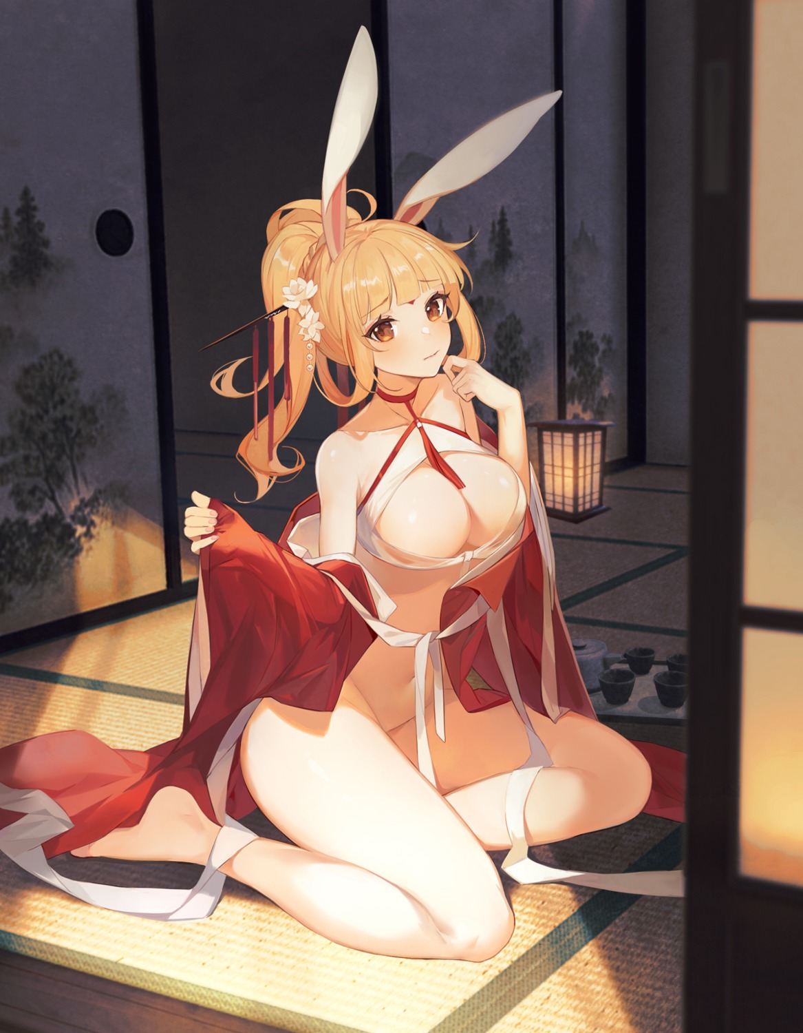 animal_ears azur_lane bunny_ears glorious_(azur_lane) japanese_clothes no_bra nopan yayako_(804907150)