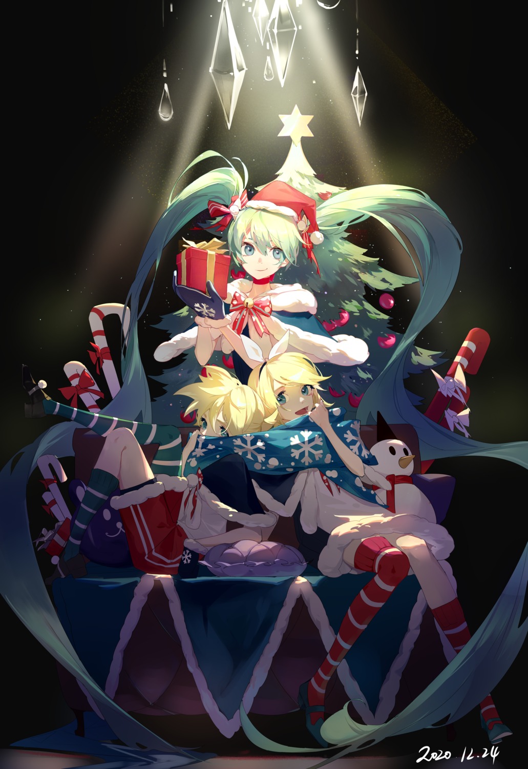 acr christmas dress hatsune_miku kagamine_len kagamine_rin thighhighs vocaloid