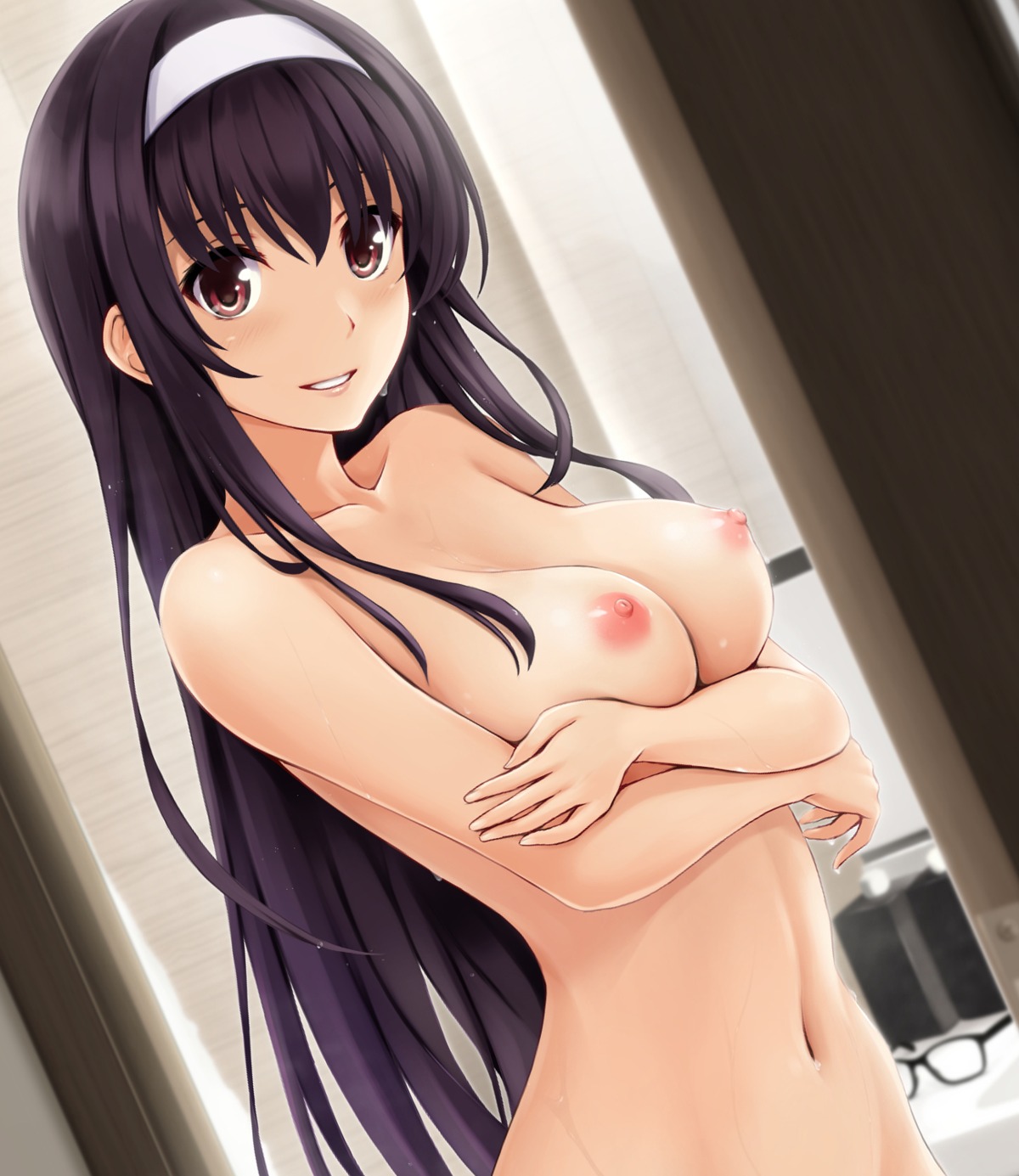 breast_hold kasumigaoka_utaha naked nipples nonaka_ritsu saenai_heroine_no_sodatekata wet