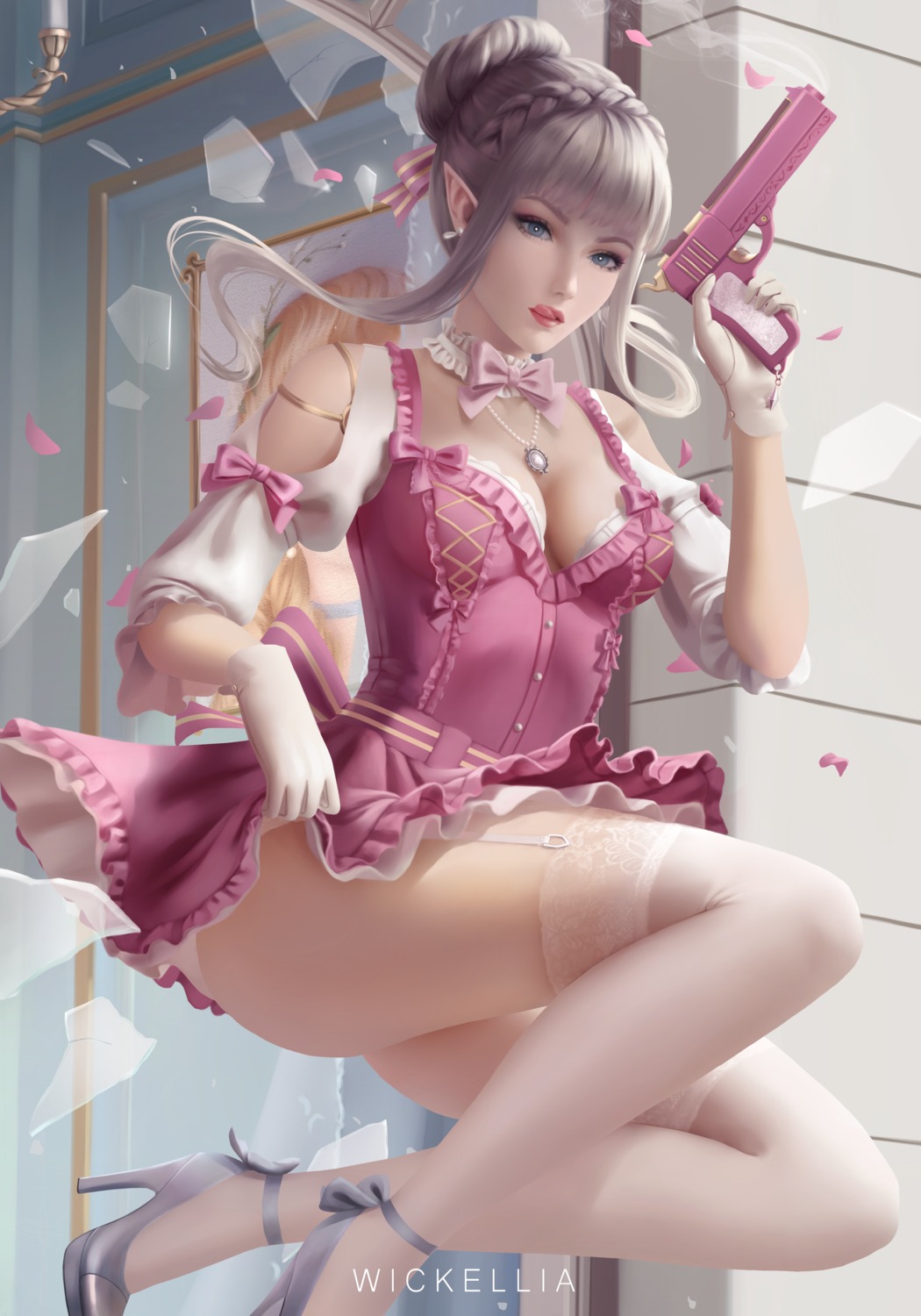 bra dress gun heels pointy_ears skirt_lift stockings thighhighs wickellia