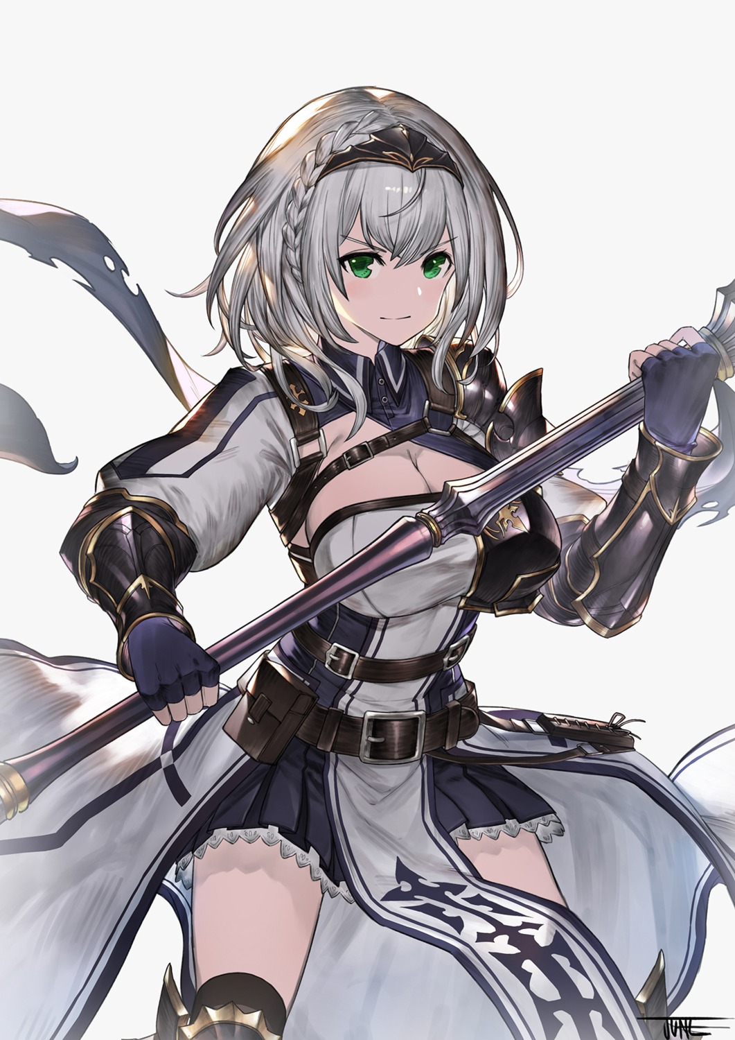 armor hololive jun_wei no_bra shirogane_noel thighhighs weapon