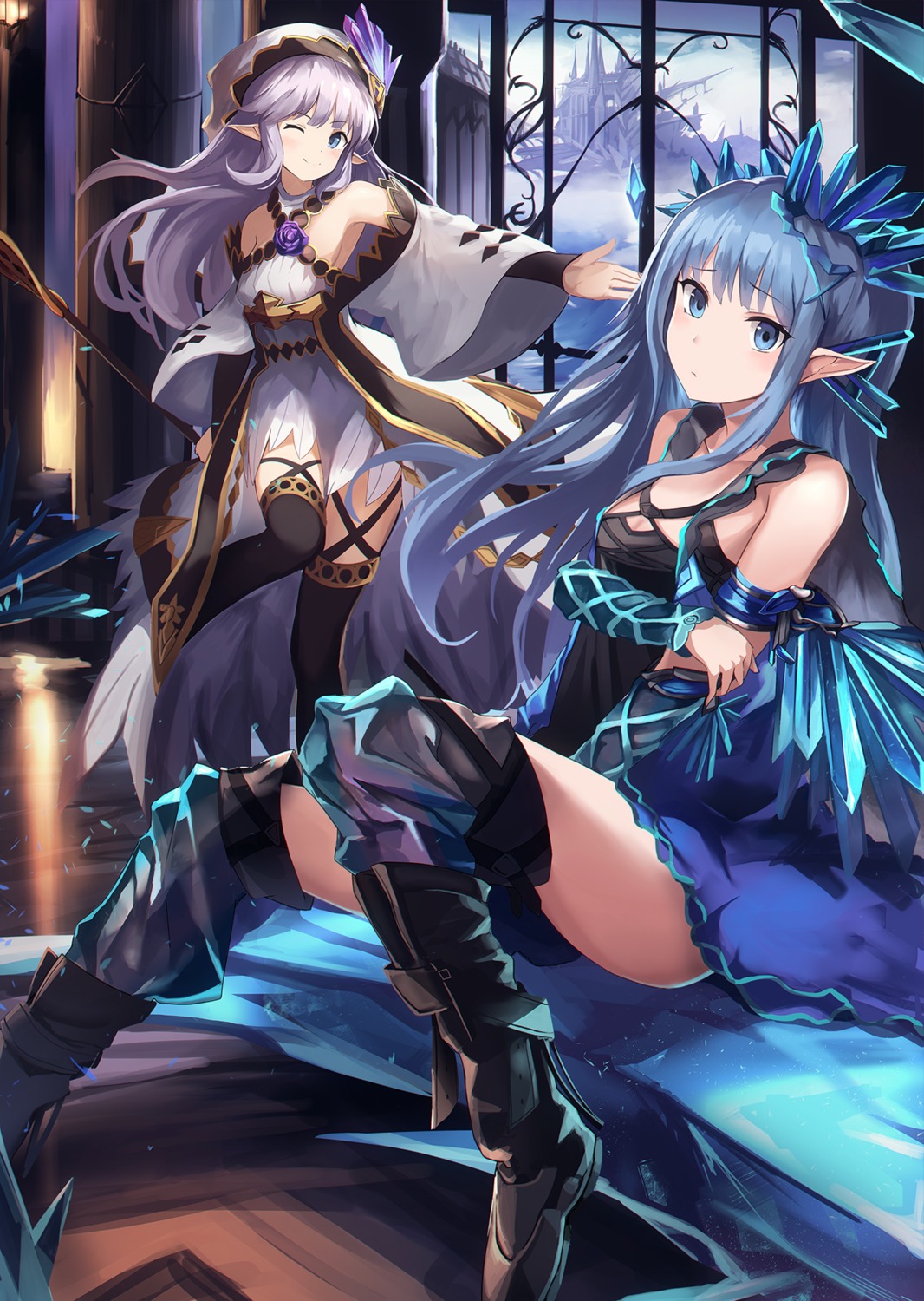 dress erin_(granblue_fantasy) eruthika granblue_fantasy lily_(granblue_fantasy) pointy_ears thighhighs weapon