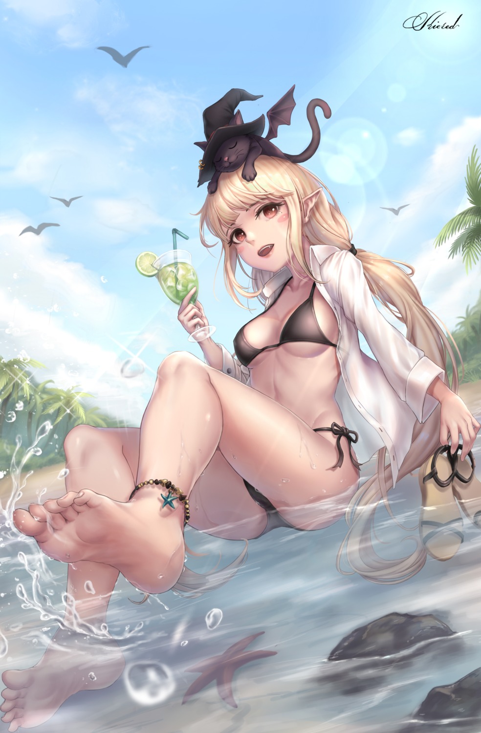 bikini cameltoe dress_shirt dungeon_fighter feet kie_(wylee2212) neko open_shirt pointy_ears see_through swimsuits wet