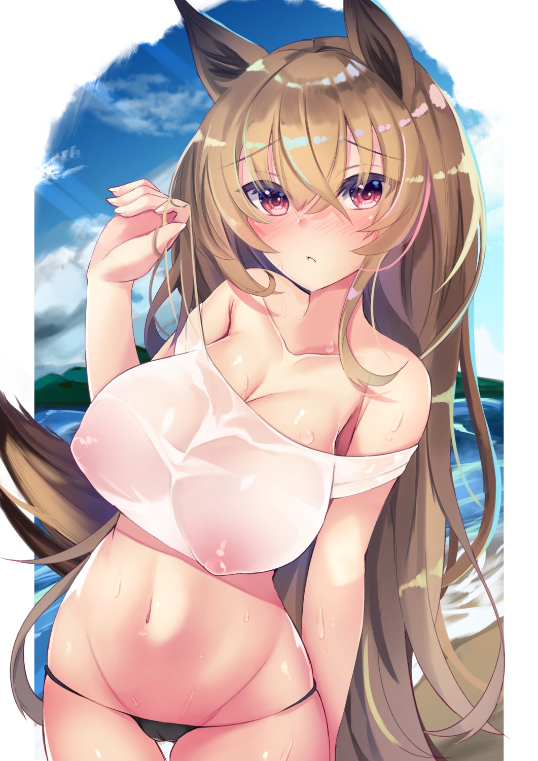 animal_ears arknights bikini cameltoe ceobe_(arknights) nipples no_bra see_through swimsuits tail tamano_nae wet_clothes