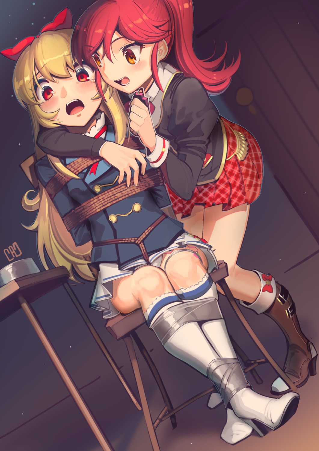 aikatsu! bondage garter heels hoshimiya_ichigo kaddo otoshiro_seira pantsu seifuku skirt_lift vibrator yuri