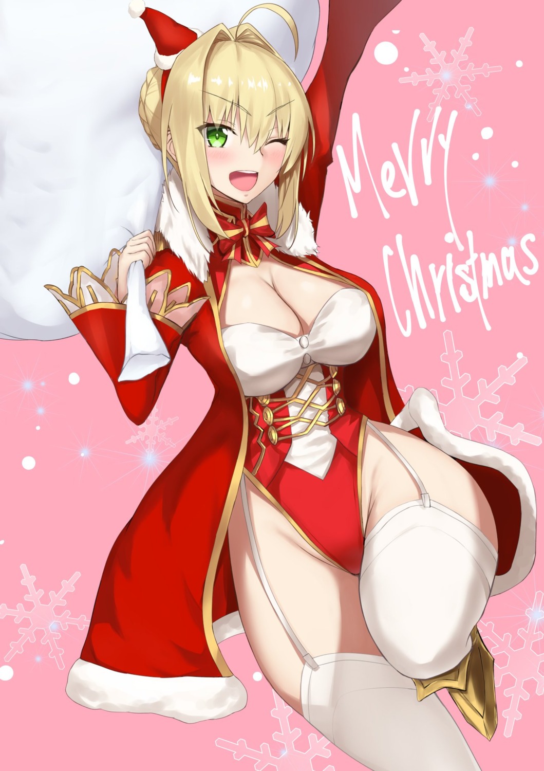 akatsuki_ikki christmas cleavage fate/grand_order leotard saber_extra stockings thighhighs