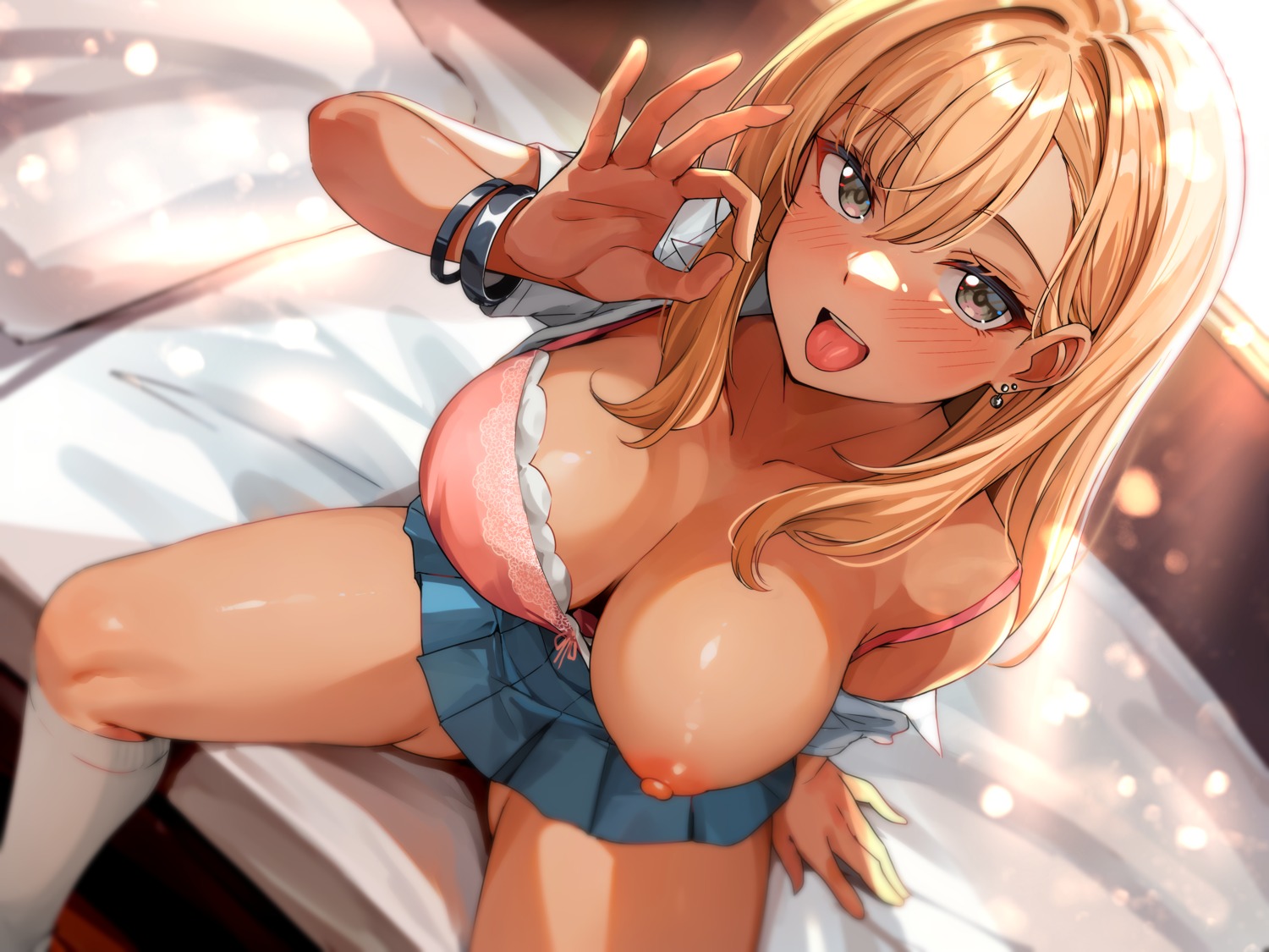 bra breasts nipples open_shirt seifuku shiitake_taishi skirt_lift