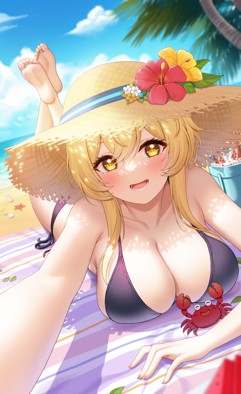 bikini cleavage feet fukuro_ko_(greentea) genshin_impact lumine selfie swimsuits