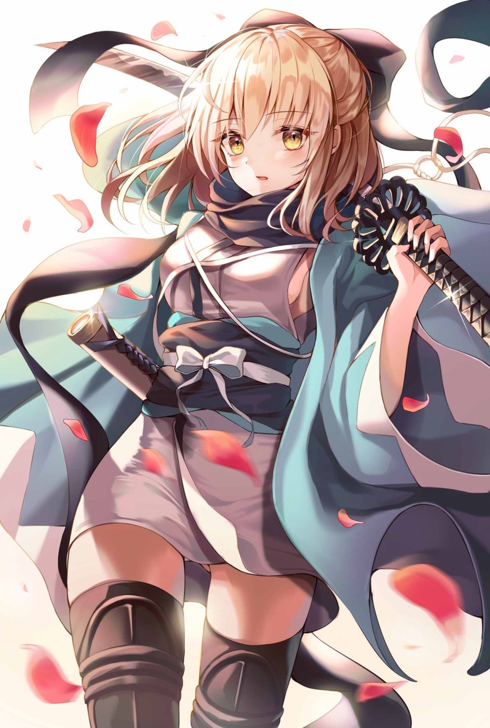 fate/grand_order icebox46 japanese_clothes no_bra okita_souji_(fate) sword thighhighs