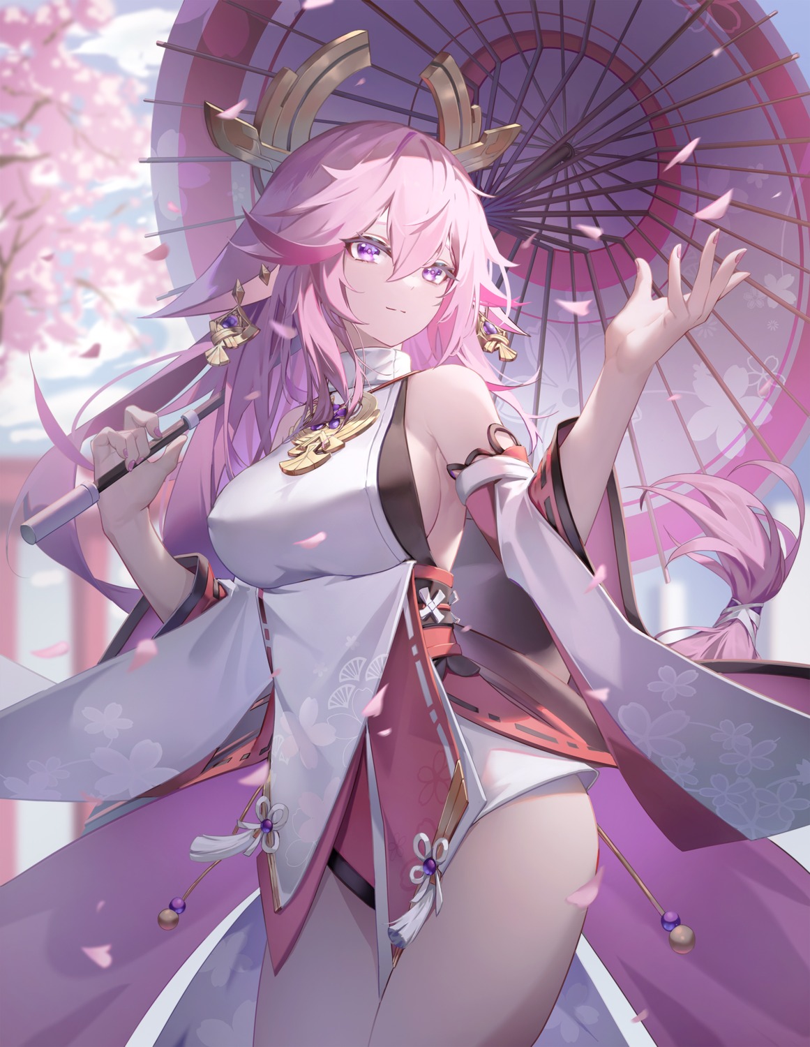 animal_ears genshin_impact japanese_clothes kitsune no_bra ten-u umbrella yae_miko