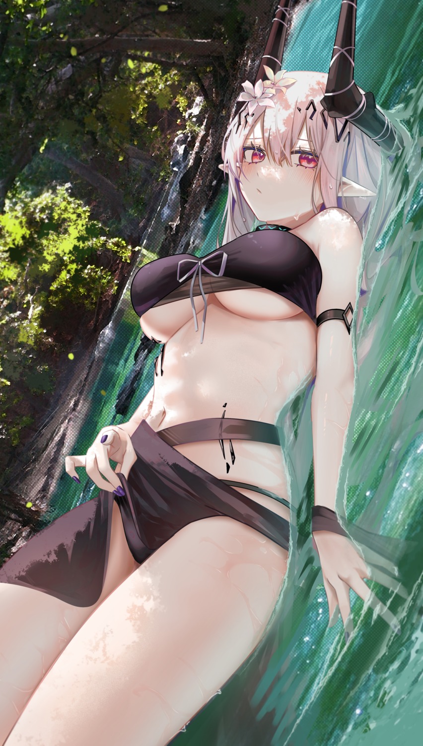 arknights bikini horns mudrock_(arknights) pointy_ears ru_zhai see_through skirt_lift swimsuits underboob wet