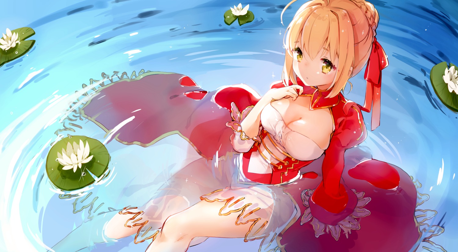 dress fate/grand_order saber saber_extra see_through wet wet_clothes yenkoes