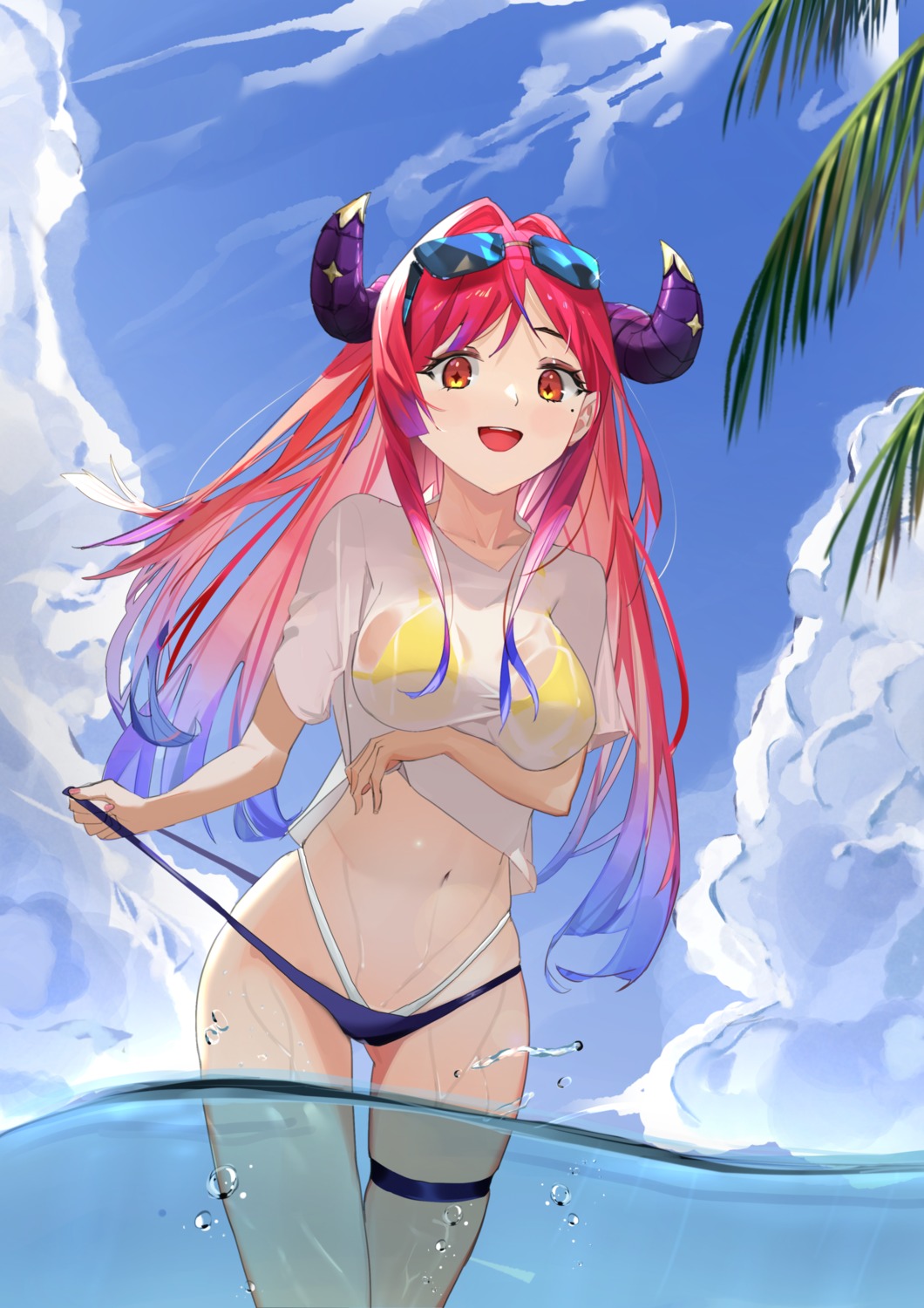 bikini garter horns megane panty_pull pointy_ears see_through shirt_lift swimsuits undressing wet wet_clothes xiami333