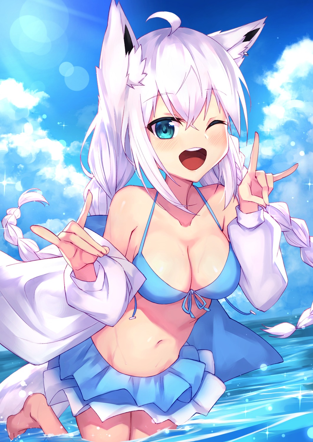 animal_ears bikini hololive hololive_gamers kitsune masaki_(msk064) open_shirt shirakami_fubuki swimsuits tail wet