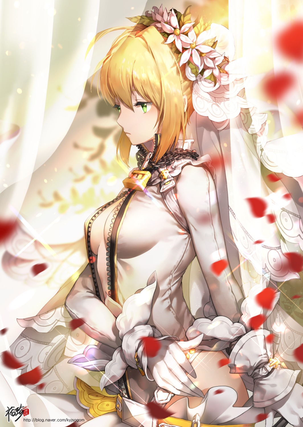 cleavage fate/extra fate/extra_ccc fate/stay_night kyjsogom no_bra open_shirt saber_bride saber_extra