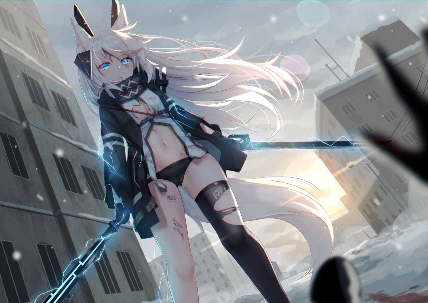 animal_ears blood cameltoe mirufuaa no_bra pantsu sword tattoo thighhighs torn_clothes