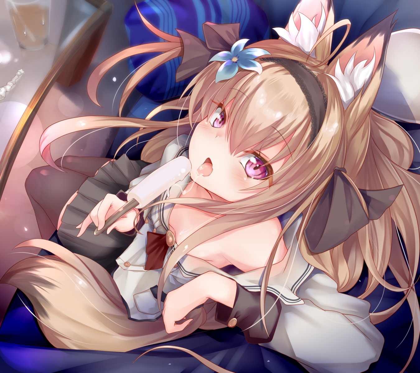 animal_ears matamataro no_bra open_shirt seifuku tail thighhighs vrchat