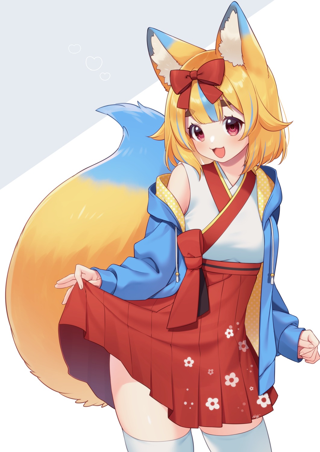 animal_ears kitsune miko sakura_chiyo_(konachi000) skirt_lift tail thighhighs