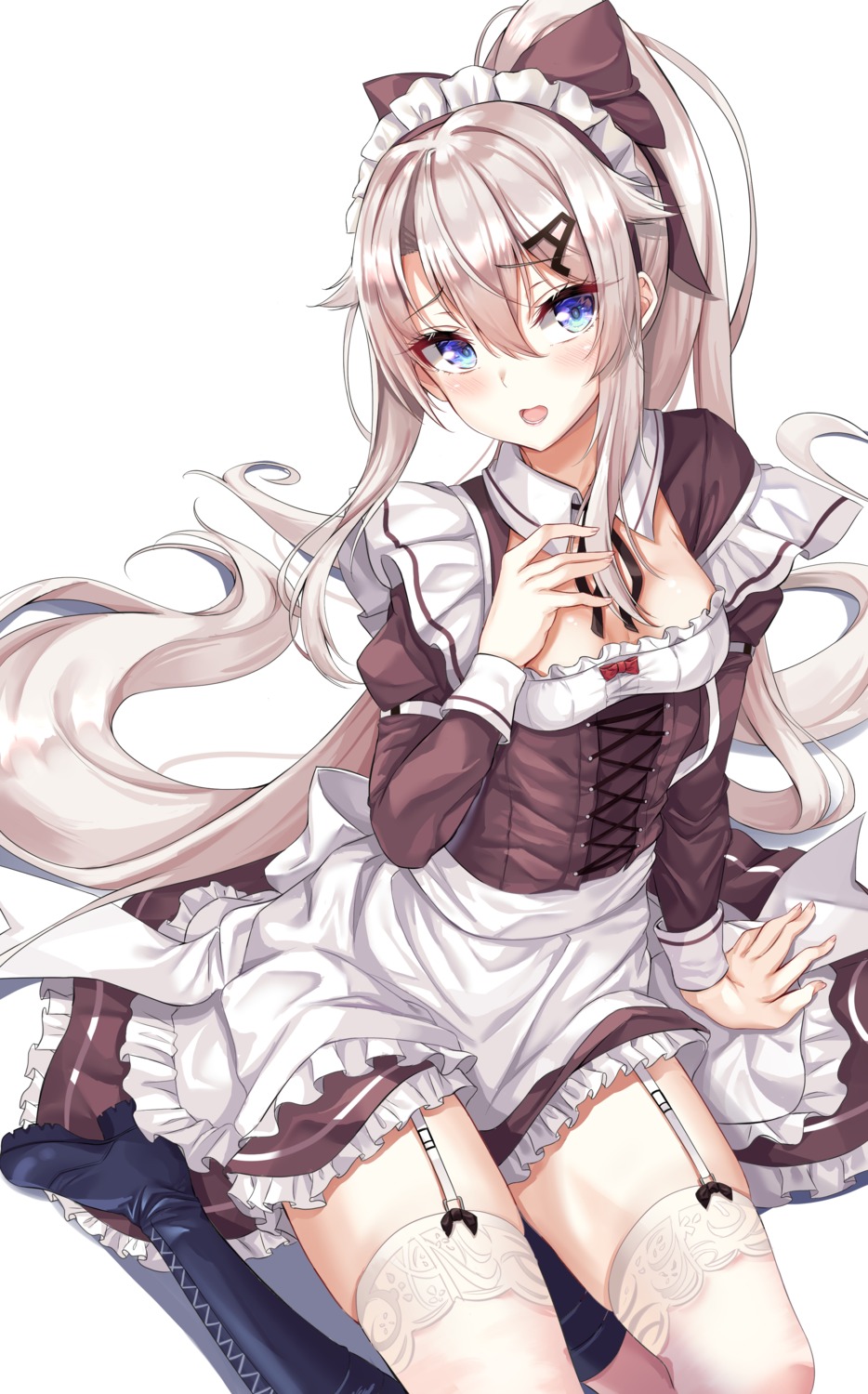 9a-91_(girls_frontline) girls_frontline maid no_bra skirt_lift so_myeolchi stockings thighhighs