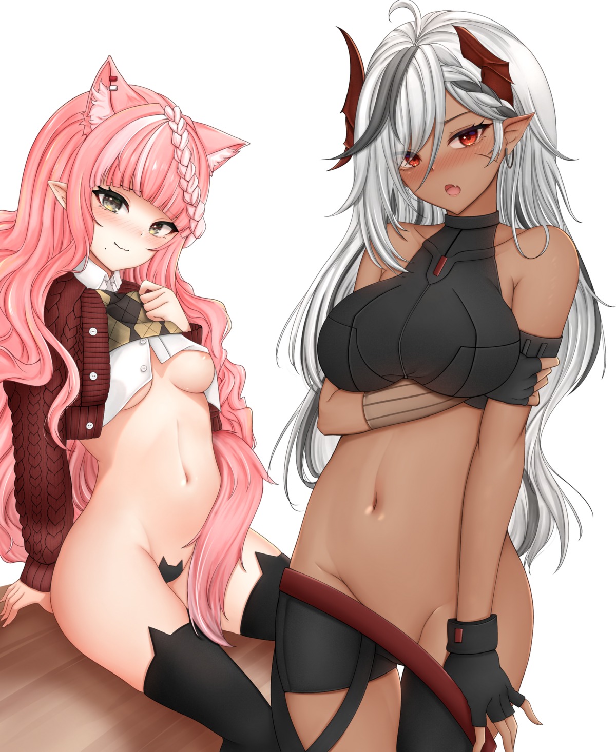 animal_ears areola honon maebari no_bra pointy_ears thighhighs