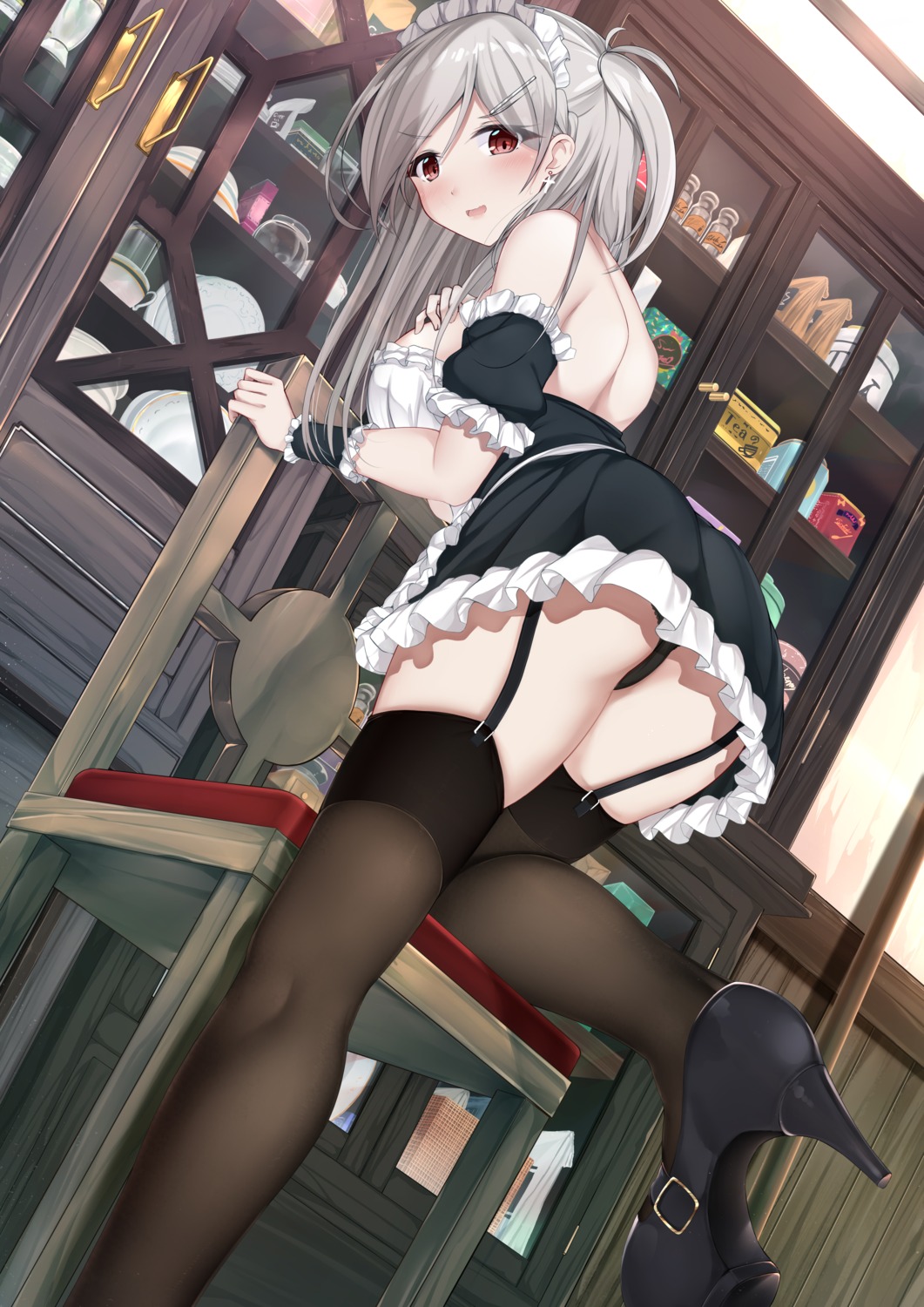 ass heels hiiragi_ringo maid no_bra pantsu skirt_lift stockings thighhighs thong