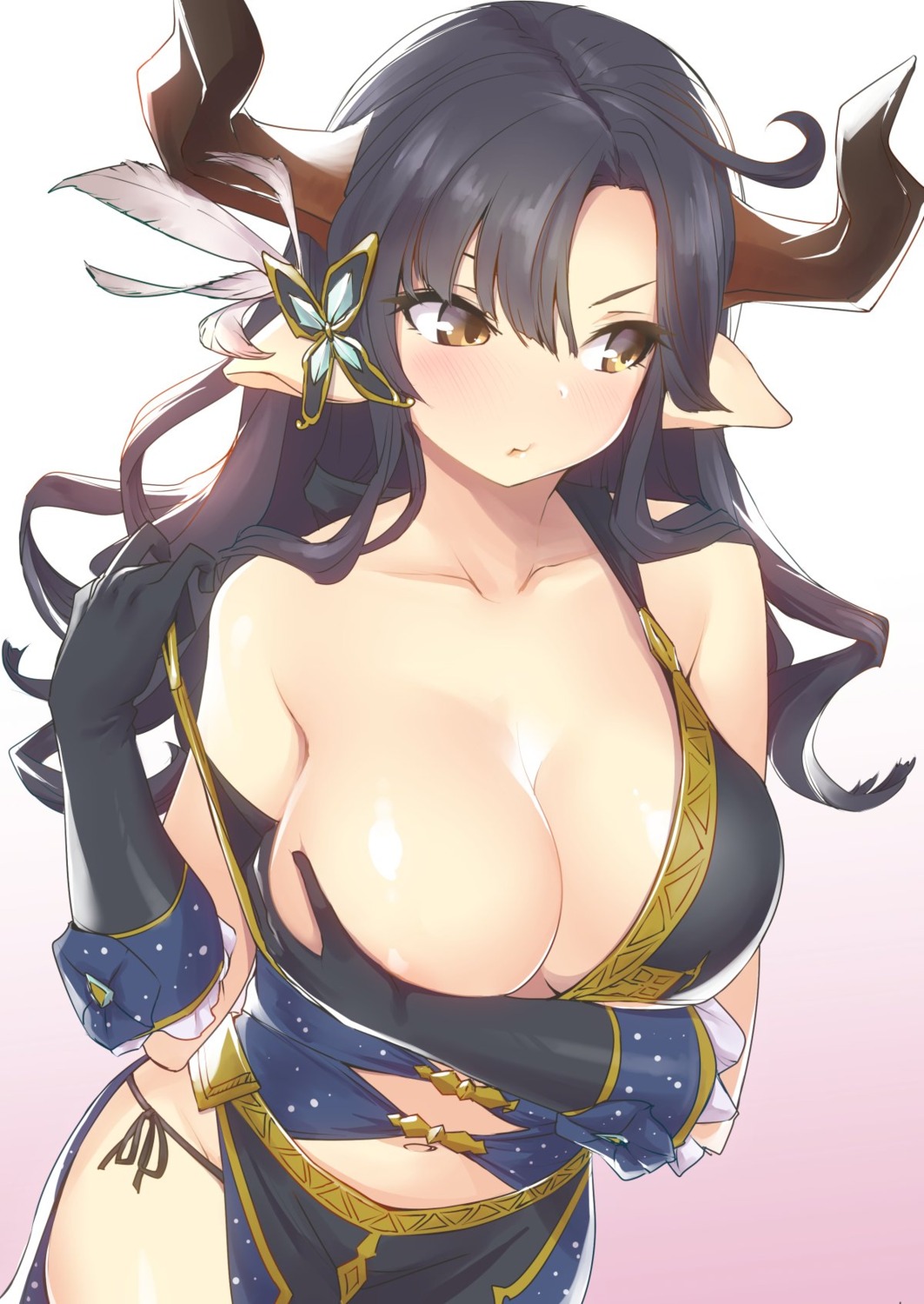 areola breast_hold breasts granblue_fantasy horns no_bra nukkoru pantsu pointy_ears string_panties undressing