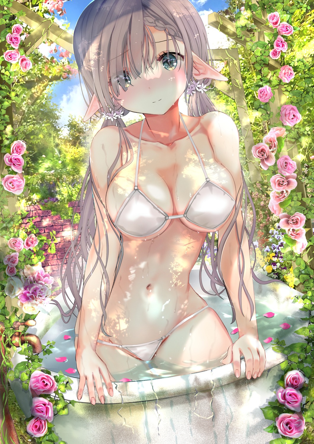 bikini ogata_tei pointy_ears swimsuits wet