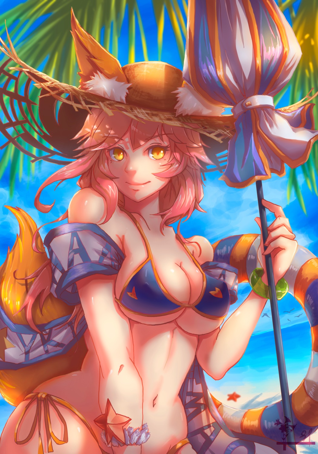 animal_ears bikini erect_nipples fate/extra fate/stay_night kitsune swimsuits tail tamamo_no_mae yuureiko