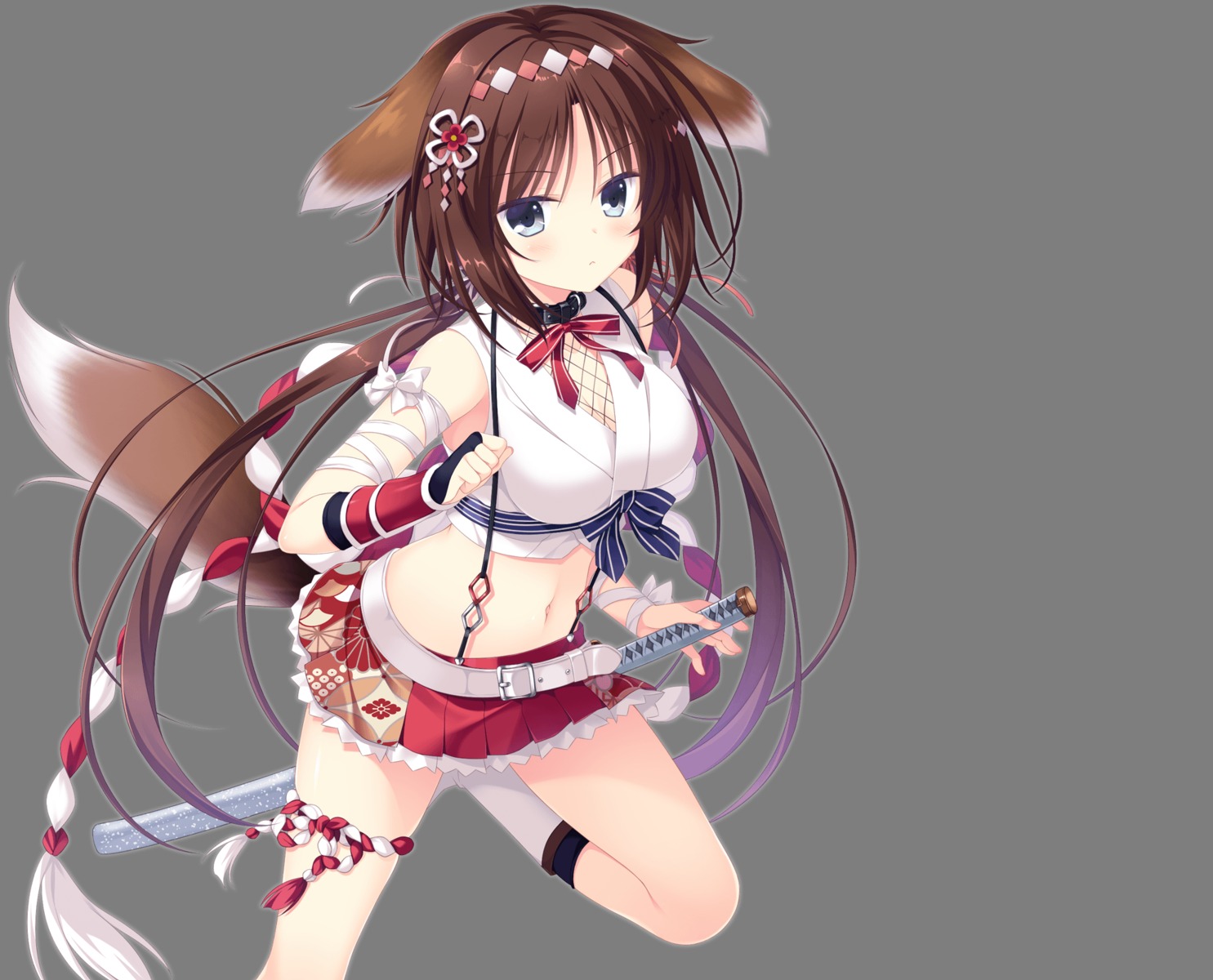 animal_ears cleavage inumimi japanese_clothes neko-nin_exheart neko-nin_exheart_3 nekozuka_shino sword tail takano_yuki transparent_png whirlpool