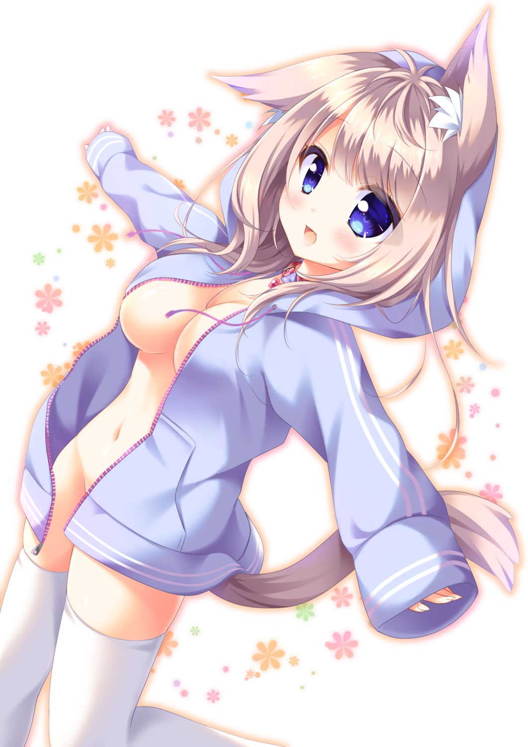 animal_ears bottomless kinari_momiji nagare_kasane no_bra open_shirt tail thighhighs yorite_konoha_wa_kurenai_ni