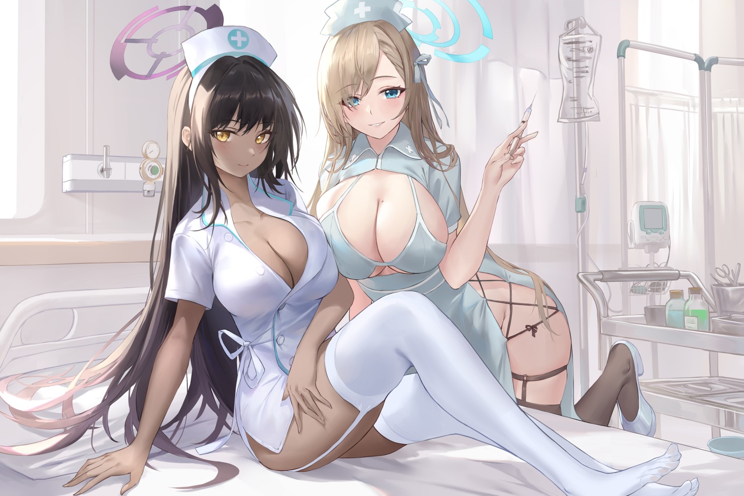 blue_archive bra cleavage garter halo heels ichinose_asuna kakudate_karin no_bra nopan nurse pdxen see_through stockings thighhighs