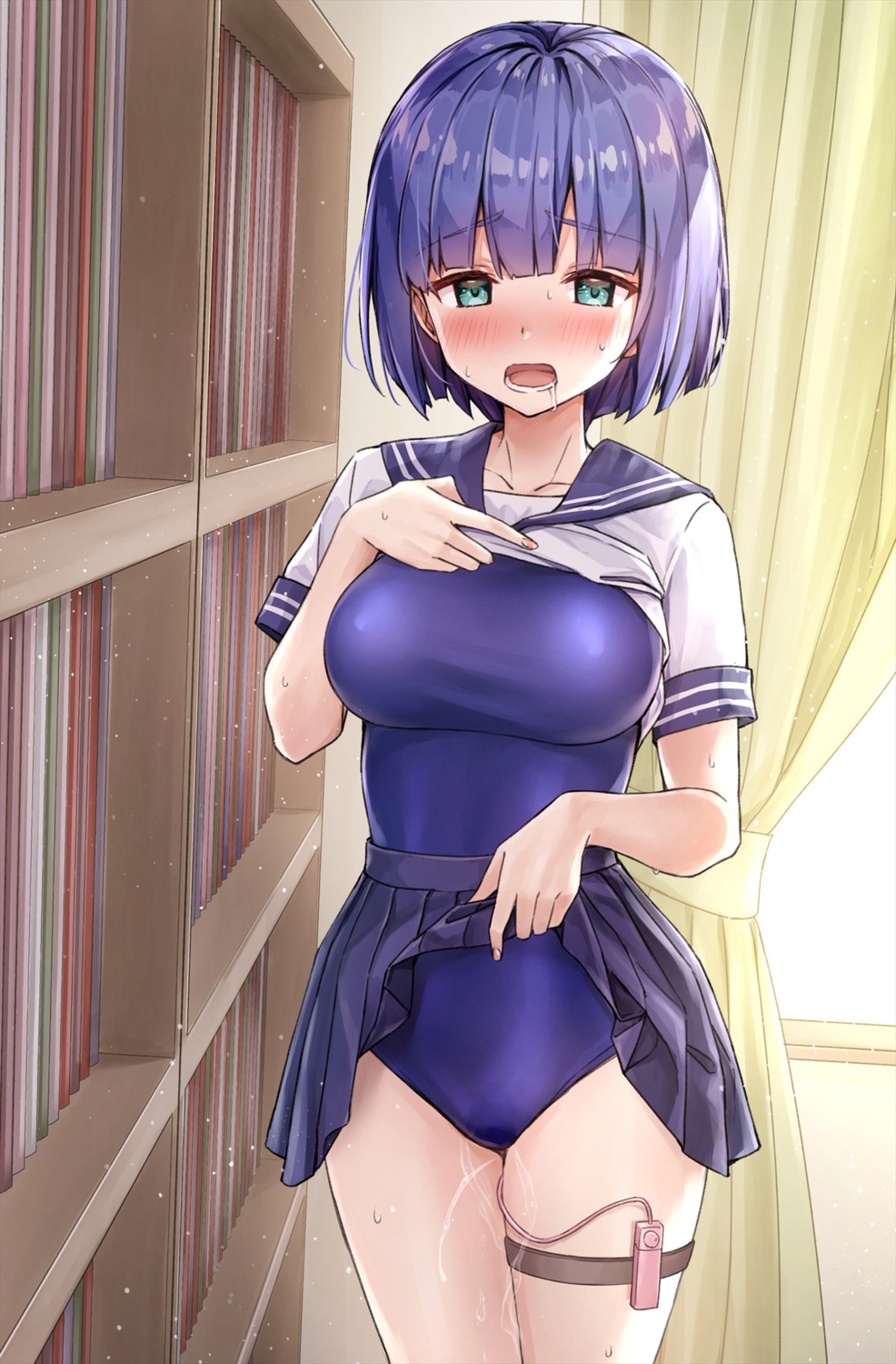 garter izumi_hina_(neet_kunoichi_to_nazeka_dousei_hajimemashita) kotatsu_(kotatsu358) neet_kunoichi_to_nazeka_dousei_hajimemashita pussy_juice school_swimsuit seifuku shirt_lift skirt_lift swimsuits undressing vibrator