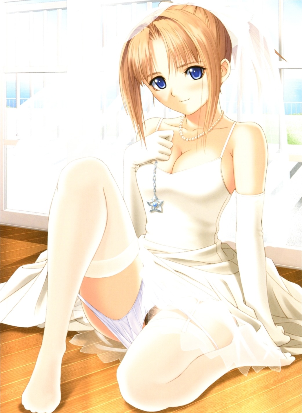 after cleavage dress pantsu panty_pull pubic_hair shiomiya_kanami thighhighs tony_taka wedding_dress