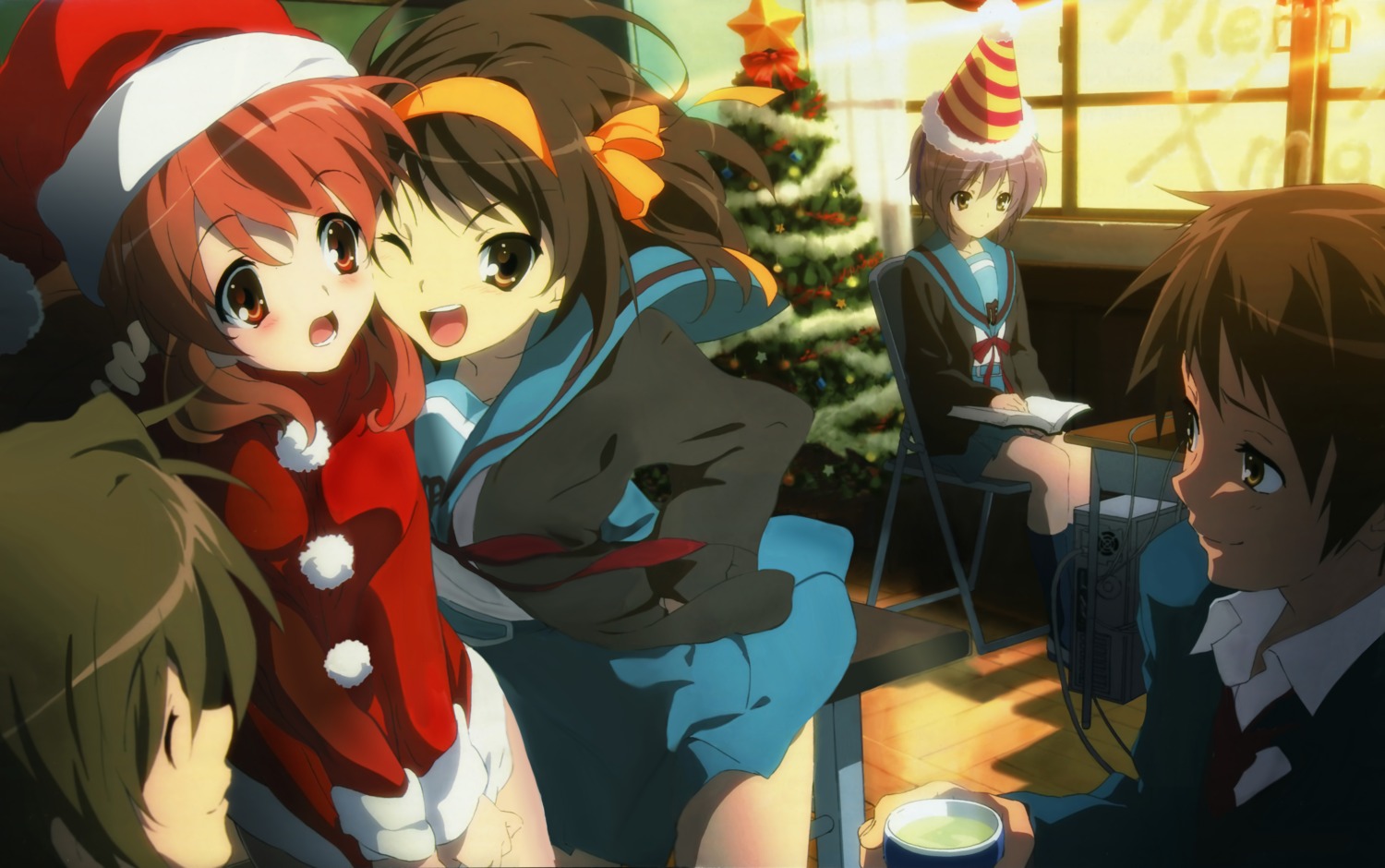 asahina_mikuru christmas koizumi_itsuki kyon nagato_yuki nishiya_futoshi seifuku suzumiya_haruhi suzumiya_haruhi_no_yuuutsu