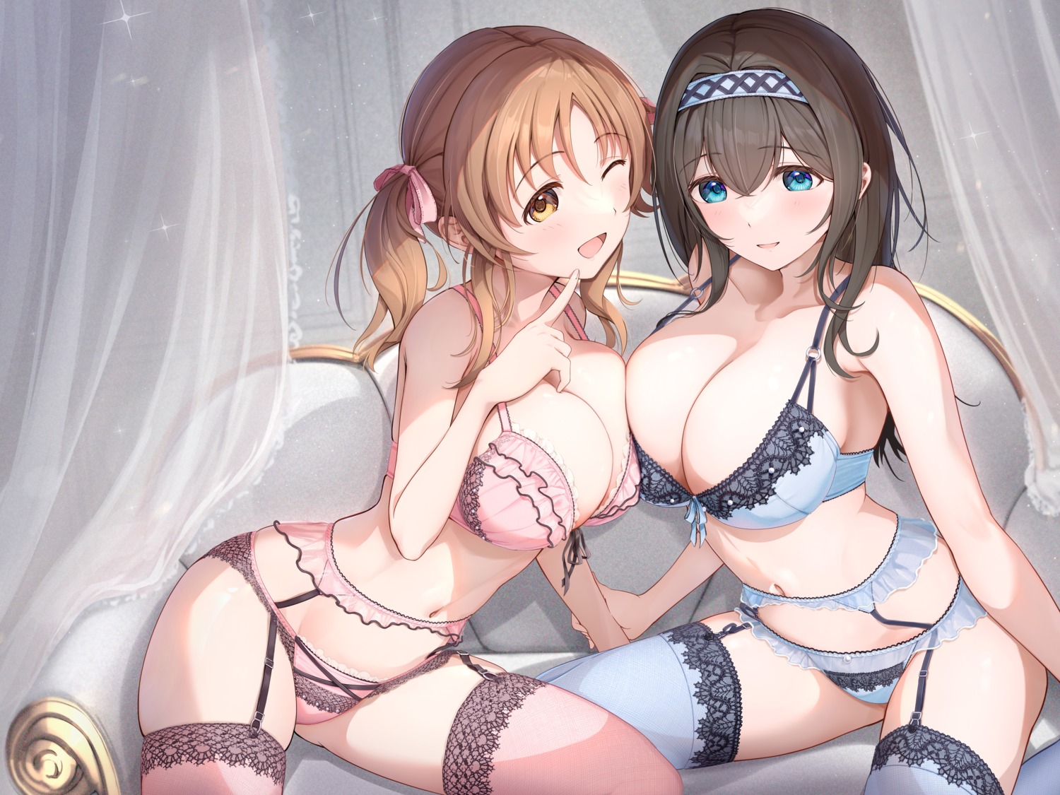 bra fujinomiya_reicho garter_belt lingerie pantsu sagisawa_fumika stockings symmetrical_docking the_idolm@ster the_idolm@ster_cinderella_girls thighhighs totoki_airi