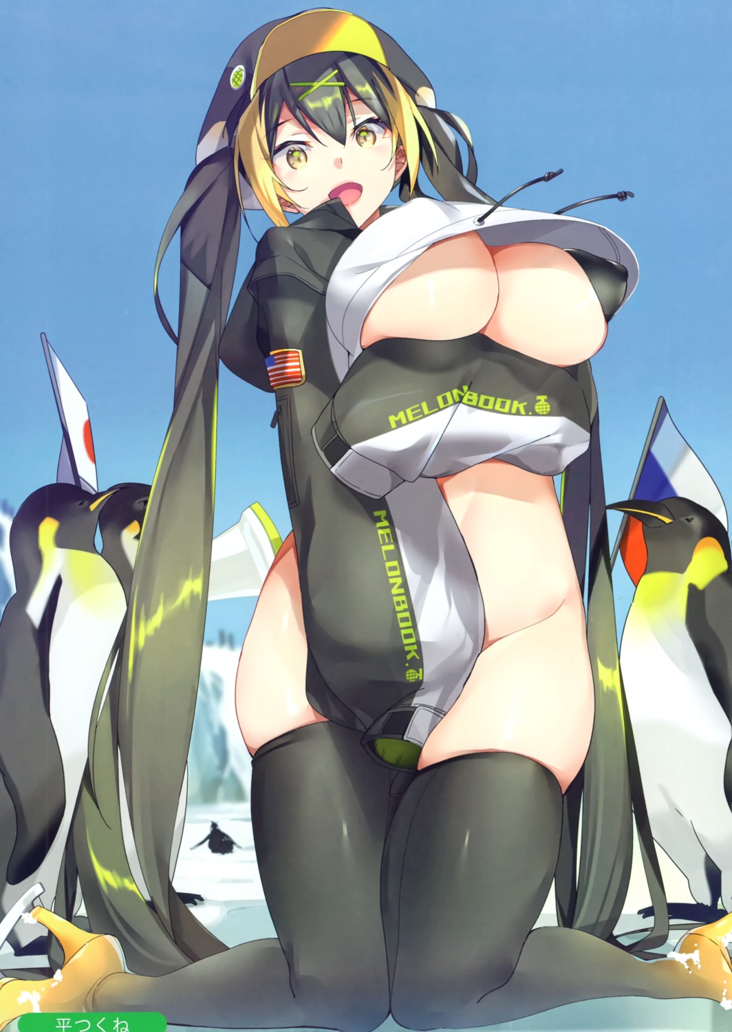 bra breast_hold erect_nipples nopan penguin shirt_lift taira_tsukune thighhighs underboob