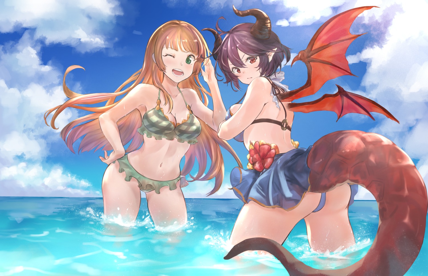 anne_(shingeki_no_bahamut) ass bikini cleavage granblue_fantasy grea horns manaria_friends pointy_ears renzu skirt_lift swimsuits tail wet wings